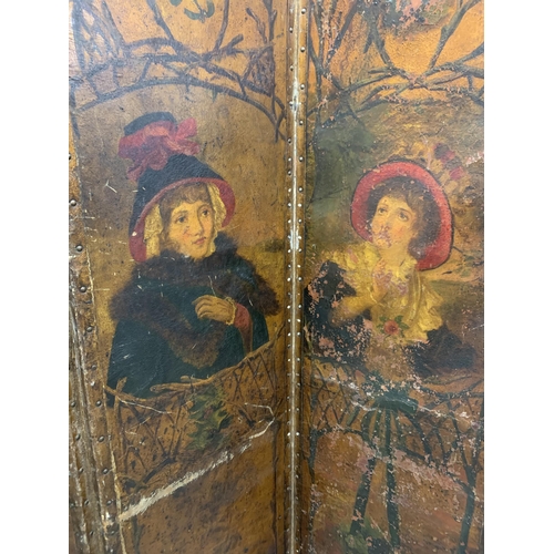 1430 - 19th century hand painted four fold screen, each panel painted with one of the four seasons, 176cm x... 