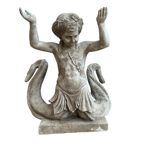 1014 - Impressive antique reconstituted stone twin-tailed merchild fountain, 101 x 101cm