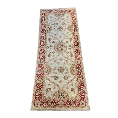 1730 - Turkish Caucasian runner, typical scrolled foliage, cream dye ground, 195cm x 75cm