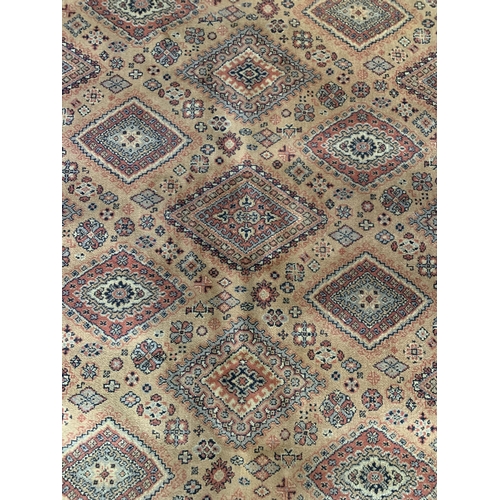 1737 - Belgian Bokhara type rug, with geometric design, mustard ground, 270cm x 225cm