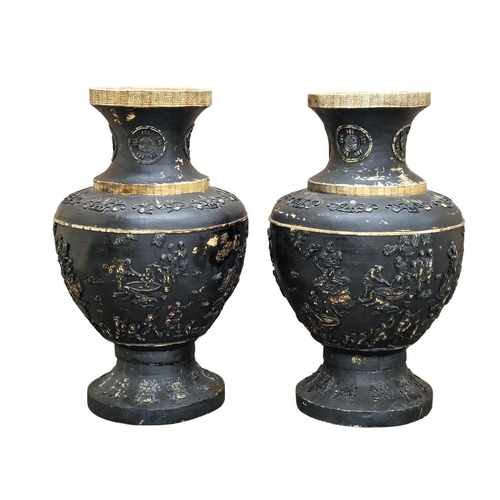 308 - Pair of large 20th century Chinese plaster and bone urns with Chinoiserie relief detail and black pa... 