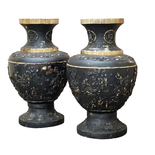 308 - Pair of large 20th century Chinese plaster and bone urns with Chinoiserie relief detail and black pa... 