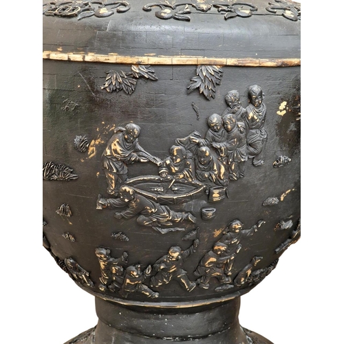 308 - Pair of large 20th century Chinese plaster and bone urns with Chinoiserie relief detail and black pa... 