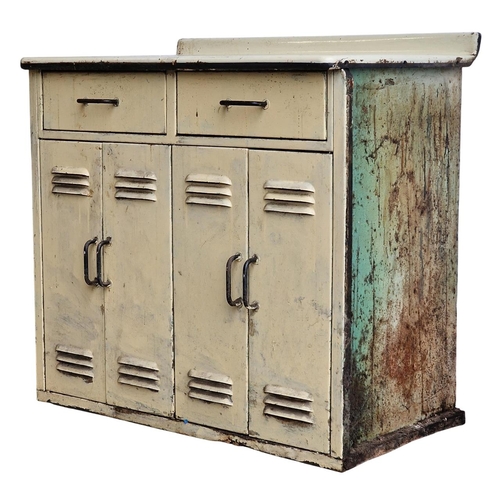 1012 - Vintage Industrial mid-century aluminium cabinet with enamelled top and four vented cupboard doors, ... 