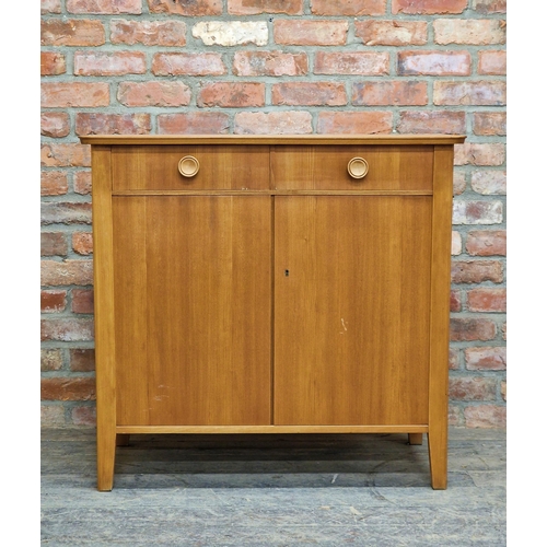 1425 - Gordon Russell light teak sideboard, two drawers and cupboard doors, H 91 x W 97cm x D 48cm