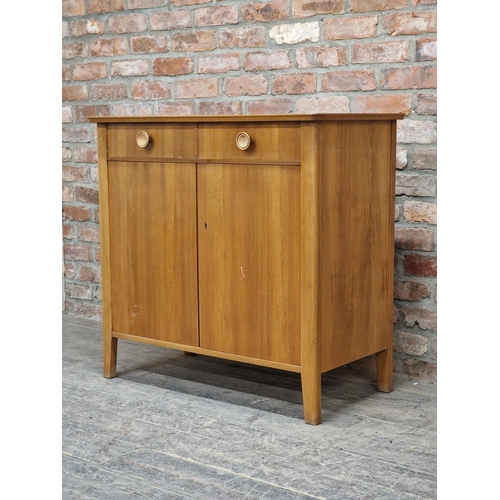 1425 - Gordon Russell light teak sideboard, two drawers and cupboard doors, H 91 x W 97cm x D 48cm