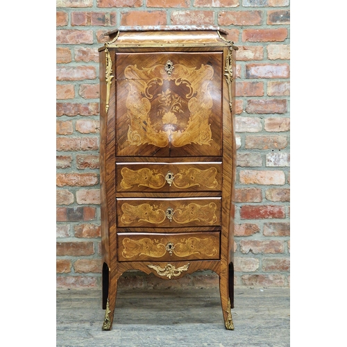 1203 - Antique French Kingwood and marquetry escritoire, with marble top, fall front secretaire and three d... 