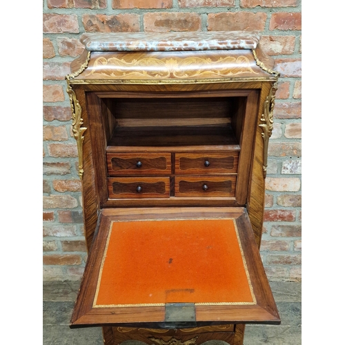 1203 - Antique French Kingwood and marquetry escritoire, with marble top, fall front secretaire and three d... 