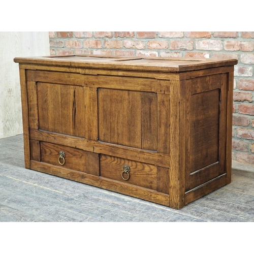 1207 - Antique panelled oak mule chest, the two lower drawers with brass lion mask ring handles, later inte... 