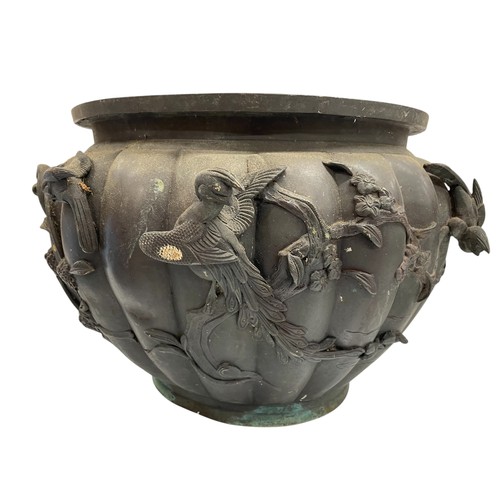 306 - Japanese Meiji Period bronze jardiniere, with relief birds on a lobed ground, mark to base, H 31cm x... 