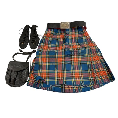 601 - Scottish tartan kilt with accessories including silver kilt pin, leather belt, sporran, shoes and so... 