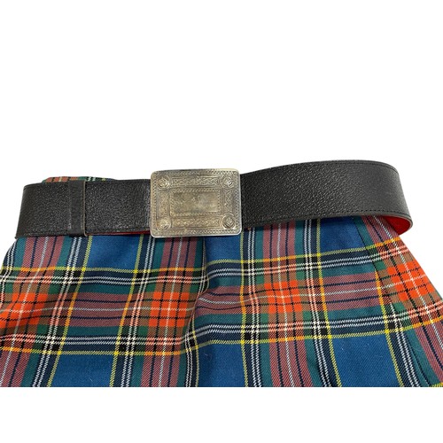 601 - Scottish tartan kilt with accessories including silver kilt pin, leather belt, sporran, shoes and so... 