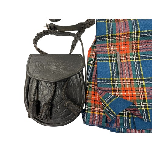 601 - Scottish tartan kilt with accessories including silver kilt pin, leather belt, sporran, shoes and so... 