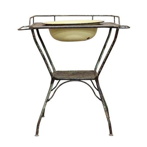 1008 - Vintage iron wash stand with enamel bowl, H 83cm x W 76cm x D 47cm