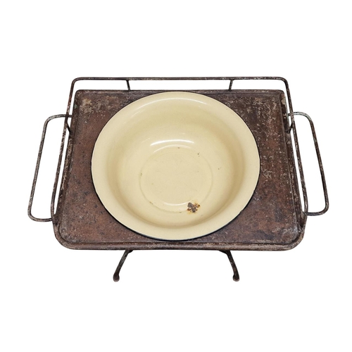 1008 - Vintage iron wash stand with enamel bowl, H 83cm x W 76cm x D 47cm