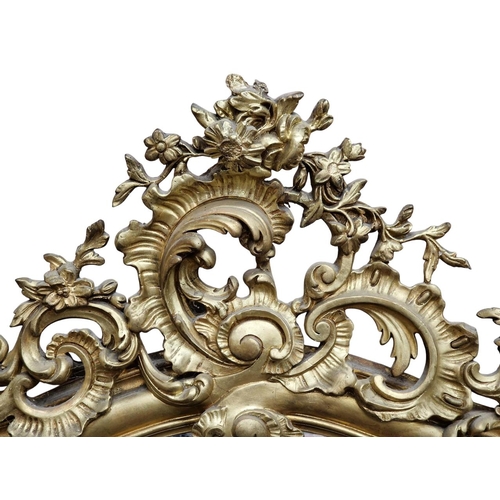 1190 - 19th century gilt and gesso Rococo style wall mirror, H 188cm x W 105cm