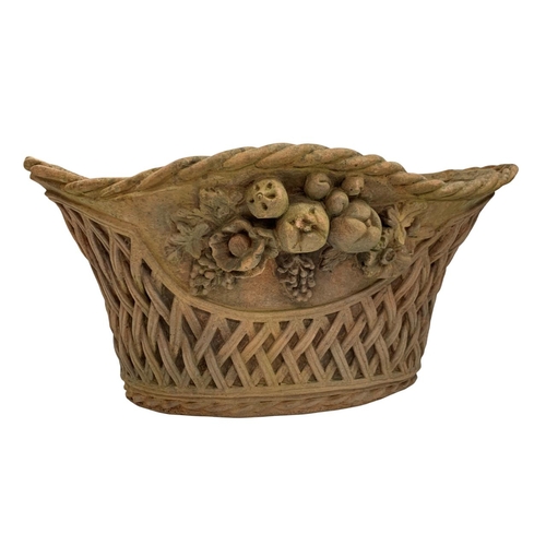 410 - Pair of basket weave and floral pattern terracotta planters, H 22cm x W 44cm