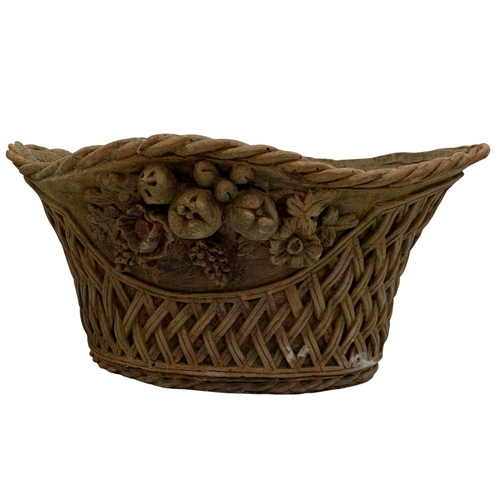 410 - Pair of basket weave and floral pattern terracotta planters, H 22cm x W 44cm