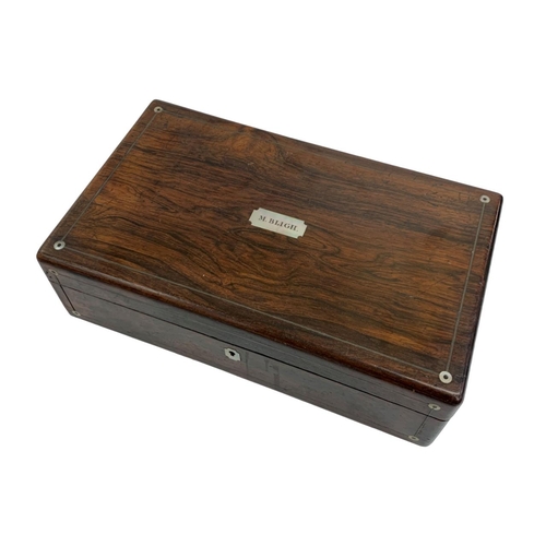 447 - Mahogany and mother of pearl inlay writing slope box with additional lacquer box filled with numerou... 