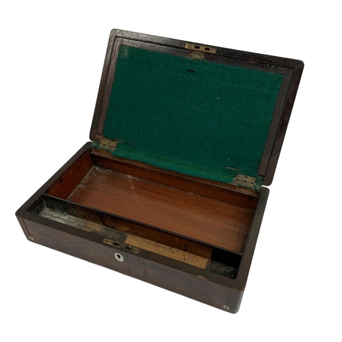 447 - Mahogany and mother of pearl inlay writing slope box with additional lacquer box filled with numerou... 