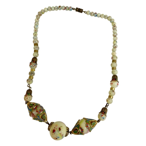 49 - Two interesting Eastern celadon bead necklaces, both enamel mounts and cabochon, 61 and 43cm long re... 