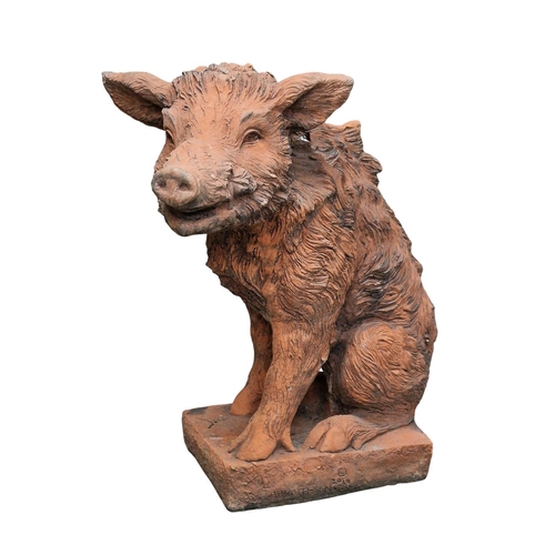 1020 - Composite terracotta effect statue of boar, H 53cm x W 30cm x D 23cm