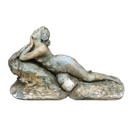 1020A - Plaster statue of reclining nude maiden, H 26cm x W 45cm x D 18cm