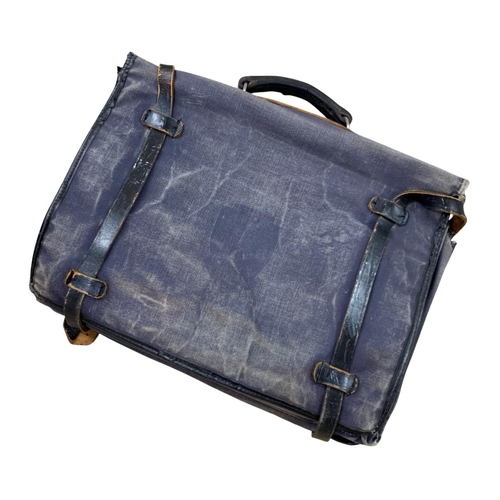 610 - Vintage canvas and leather pilots bag, with two additional WWII themed posters, to include an image ... 