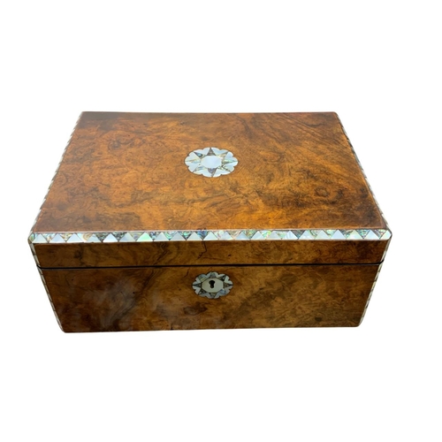 448 - Burr walnut and mother of pearl inlay writing slope, having original velvet interior with inkwells, ... 