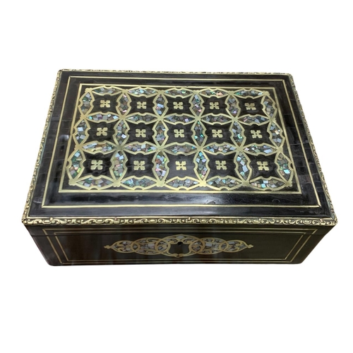 449 - Exceptional ebonised boulle work box with intricate brass, mother of pearl and abalone inlay through... 