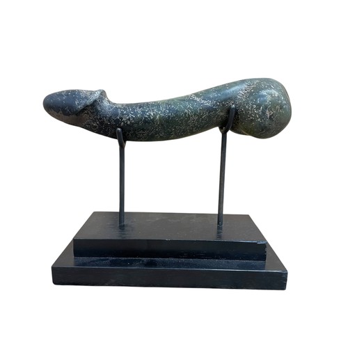 579 - Impressive carved marble phallus sculpture, atop wooden plinth display base, L 26cm