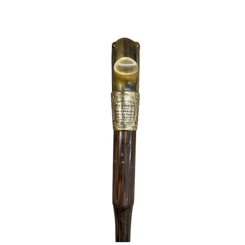 643 - Horn handle and silver gilt applied walking cane, the plaque 'presented to J. Knowles for 22 years o... 