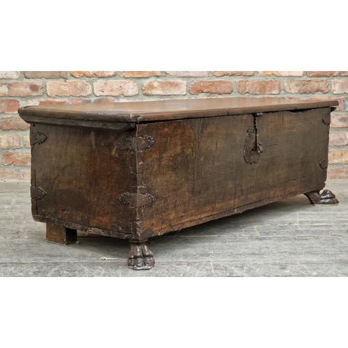 1246 - 16th / 17th century Spanish fruitwood coffer, with iron strapwork and lion paw feet, H 45cm W 155cm ... 