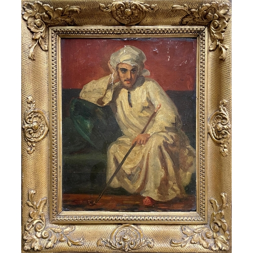 1531 - Early 20th century school - full length portrait of a seated Bedouin, unsigned, oil on board, 34 x 3... 