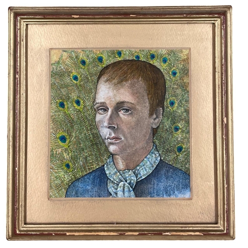 1562 - Clarence Wilson (fl. 1950s) - bust portrait of a young man amidst peacock feathers, mixed media, 18 ... 