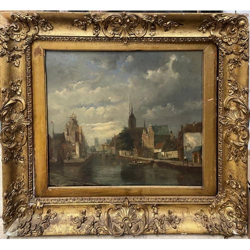 1534 - 19th century school - Ghent canal landscape, unsigned, oil on canvas, 39 x 50cm, gilt frame (af)