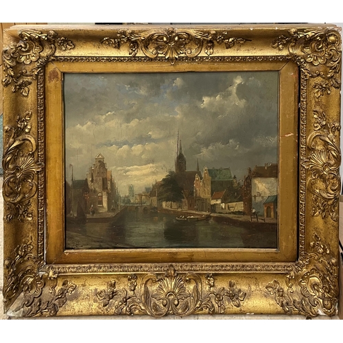 1534 - 19th century school - Ghent canal landscape, unsigned, oil on canvas, 39 x 50cm, gilt frame (af)