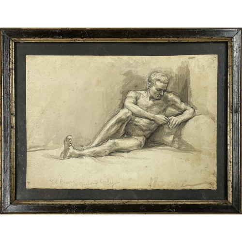 1551 - S* E* Brown (20th century) - recumbent male nude, signed, pen and wash, 20 x 27cm, framed