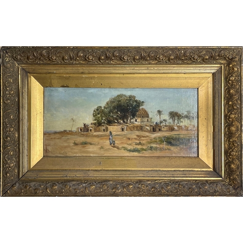 1558 - 19th century school - Sahara Oasis, oil on canvas, 14 x 30cm, gilt frame