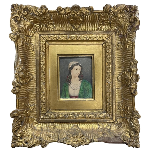 1561 - Early 19th century school - bust portrait of a young gypsy lady, watercolour, 9 x 7cm, deep gilt fra... 