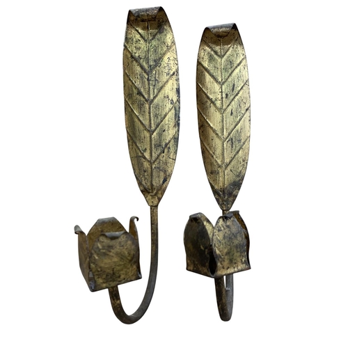 1064 - Pair of Italian gilt sheet metal leaf pattern wall sconces, H 38cm x W 9cm