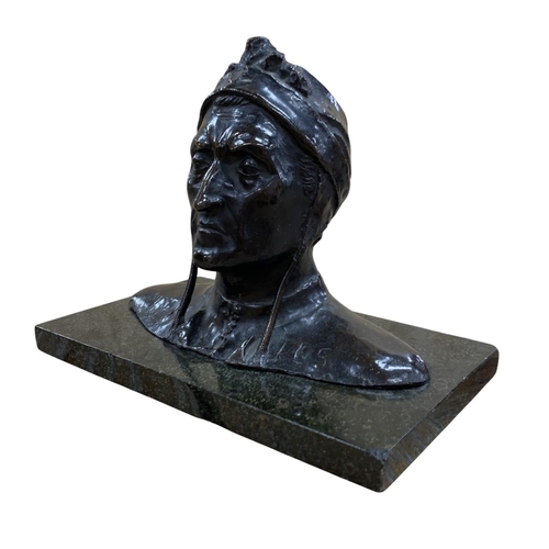 256 - Heavy bronze bust sculpture of Dante, having inscription to front, atop rectangular marble plinth ba... 