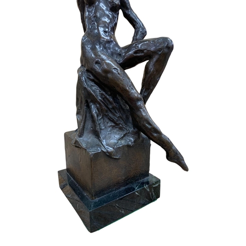 1437 - Enzo Plazzotta (1921-1981) bronze sculpture of sitting nude lady atop draped seat, 'Party Girl', hel... 