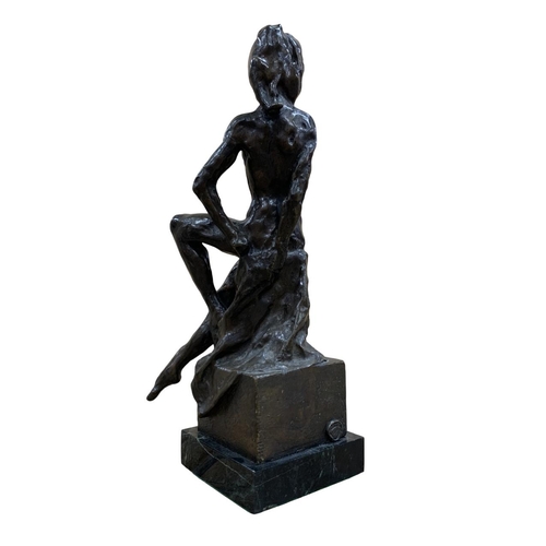 1437 - Enzo Plazzotta (1921-1981) bronze sculpture of sitting nude lady atop draped seat, 'Party Girl', hel... 