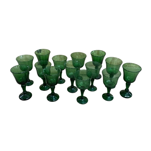 382 - Large collection of hand blown Hebron green glass wine goblets, largest H 19cm x D 9cm (14)