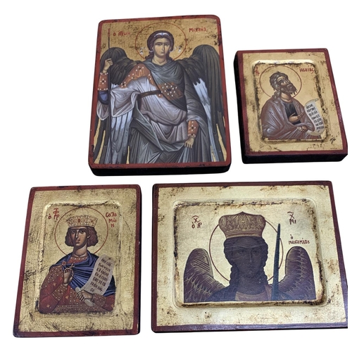 472 - Quantity of Byzantine style wooden religious icons to include Abraham The Righteous, Saint Michael t... 