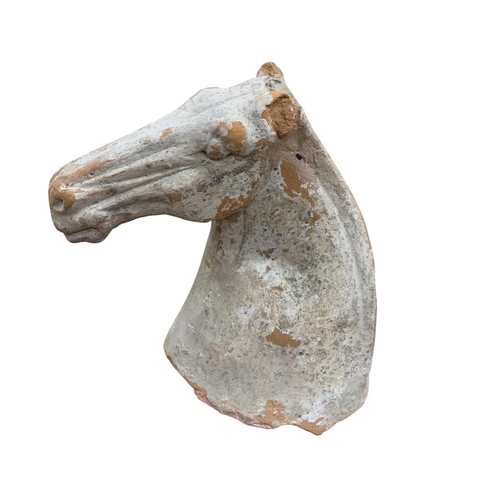 304 - Ancient Chinese rearing horse head terracotta bust, with unassociated wooden stand, H 14cm