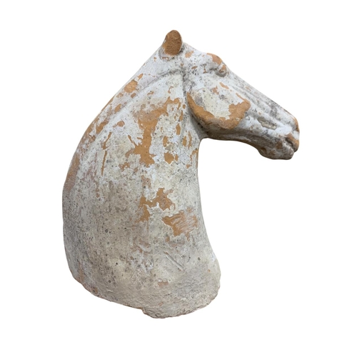 304 - Ancient Chinese rearing horse head terracotta bust, with unassociated wooden stand, H 14cm