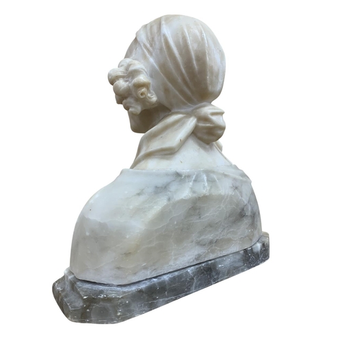 1438 - Hand carved Italian alabaster bust of young maiden in headscarf, atop tiered plinth base, H 30cm x W... 