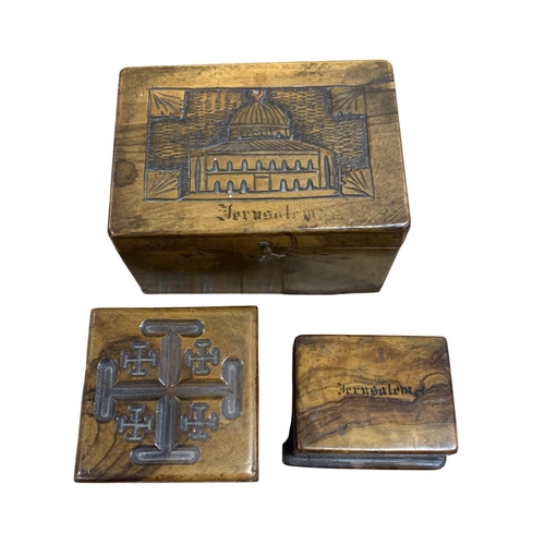 474 - Mixed quantity of Jerusalem pilgrims olivewood souvenirs to include scroll and trinket boxes, presse... 